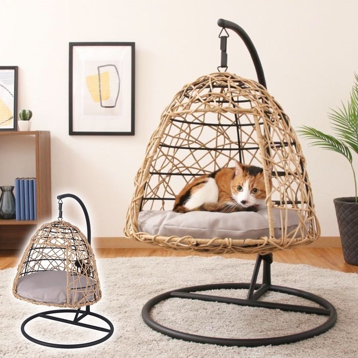 ラタン調 ハンギングチェア ペットベッド ハンギング チェア ゆりかご ペット用 ハンギングベッド クッション付 コンパクト 猫 室内 自立 ラタン ニャンモック