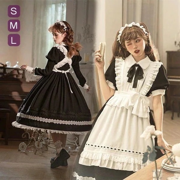 クラロリ ゴシックロリィタ ゴスロリ ロリータ 上下セット メイド服 エプロン コスプレ衣装 ロング ショート ブラウス 半袖 ハイウエストスカート コスチューム リボン パフスリーブ 長袖 袖付き
