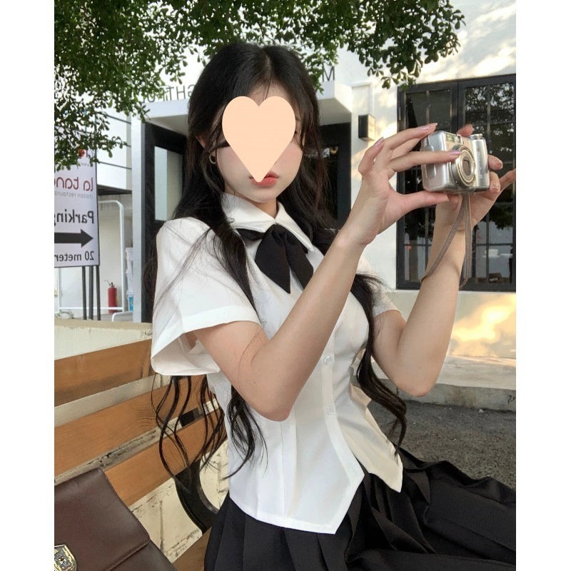 【1つ買うと10つ無料】夏の女性のためのカレッジスタイルのユニフォームユニフォームシャツのウエストとスリムな半袖シャツセンシング