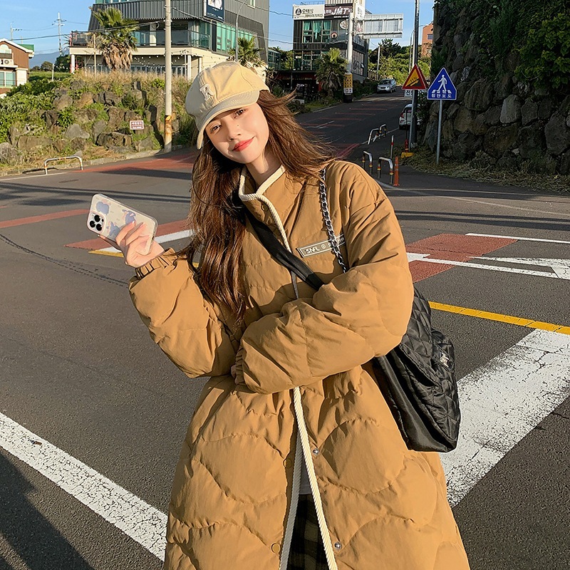 女性用ミドル丈膝丈中綿ジャケット2024冬韓国ファッションゆったり厚み中綿ジャケット