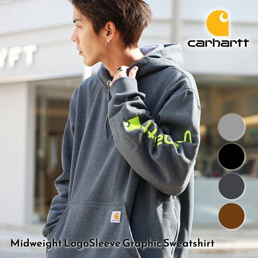 CARHARTT カーハート ミッドウェイト パーカー スウェット Midweight LogoSleeve Graphic Sweatshirt ( プルオーバー 袖ロゴ スエット フーディ メンズ