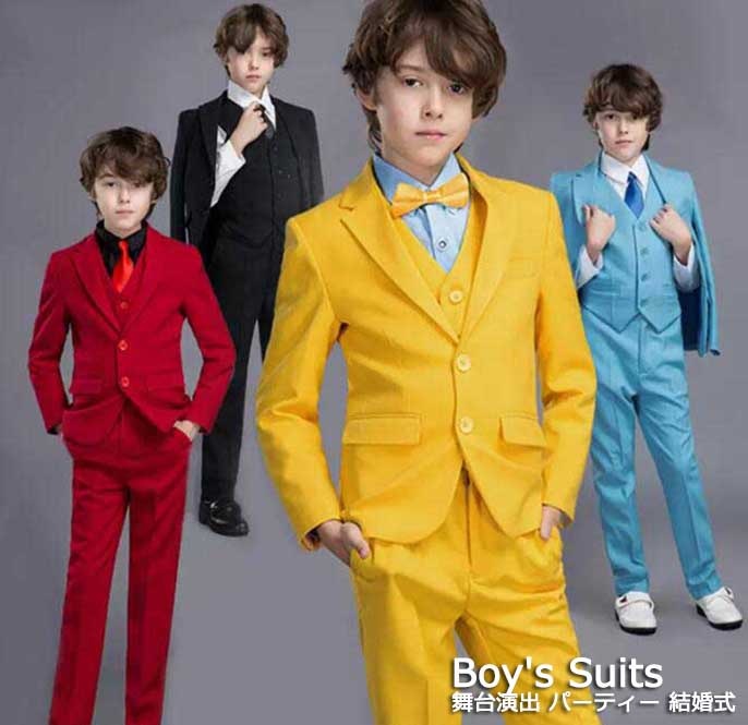 人気SALE 子供スーツ 男の子 スーツセット ５点セット 8color パンツスーツ ジャケット パンツ シャツ ベスト ネクタイ 二つボタン おしゃれ かっこいい 無地 高品質 七五三 入園式 入