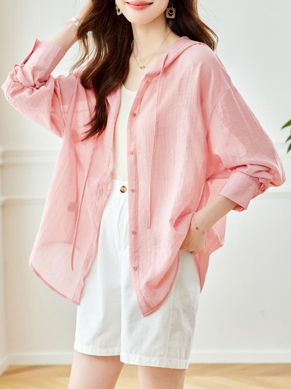 シャツ 女性用 春夏 防晒 ゆったり 接触冷感 長袖 フード付き 中長丈 切り替え 単排多ボタン 気質 通勤 吸湿速乾 再生繊維 ピンク ホワイト グレー カーキ ワインレッド 軽量 普段使い