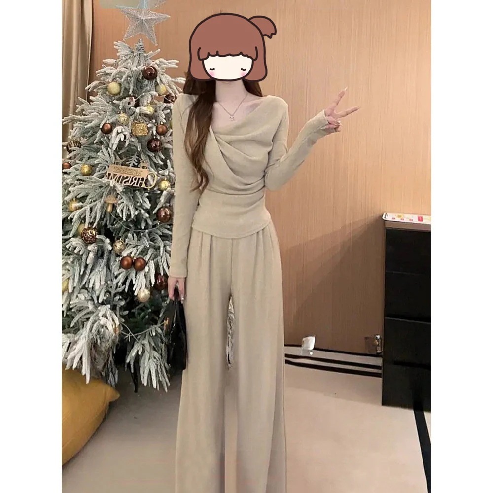 ハイエンドのカスタマイズ-レディースカジュアルスーツ秋の優しいスタイルイレギュラースリムトップスハイウエストドレープワイドパンツ高級2点セット