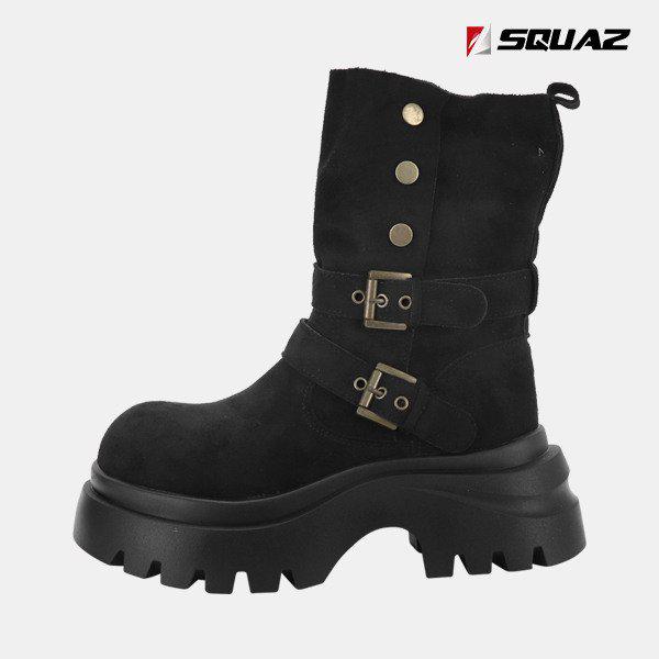 女性 チャンキーヒール 6.5CM スエード ミドルブーツ ストラップ バックル ブーツ SSS727