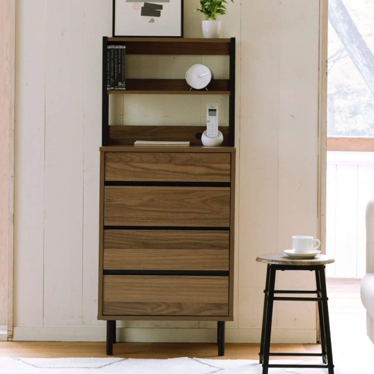 ハイチェスト オープン上棚付 北欧モダン Frsser 約幅56cm 脚付 リビング 収納 間仕切り 棚 本棚 オープンラック ラック リビングボード コンセント付 キャビネット ブラウン