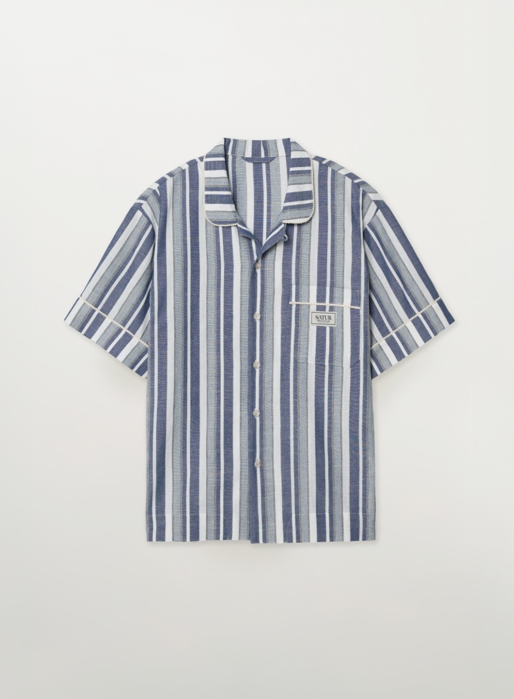 【SATUR】 26SS HOMEWEAR STRIPE OPEN COLLAR HALF SHIRT : BLUE