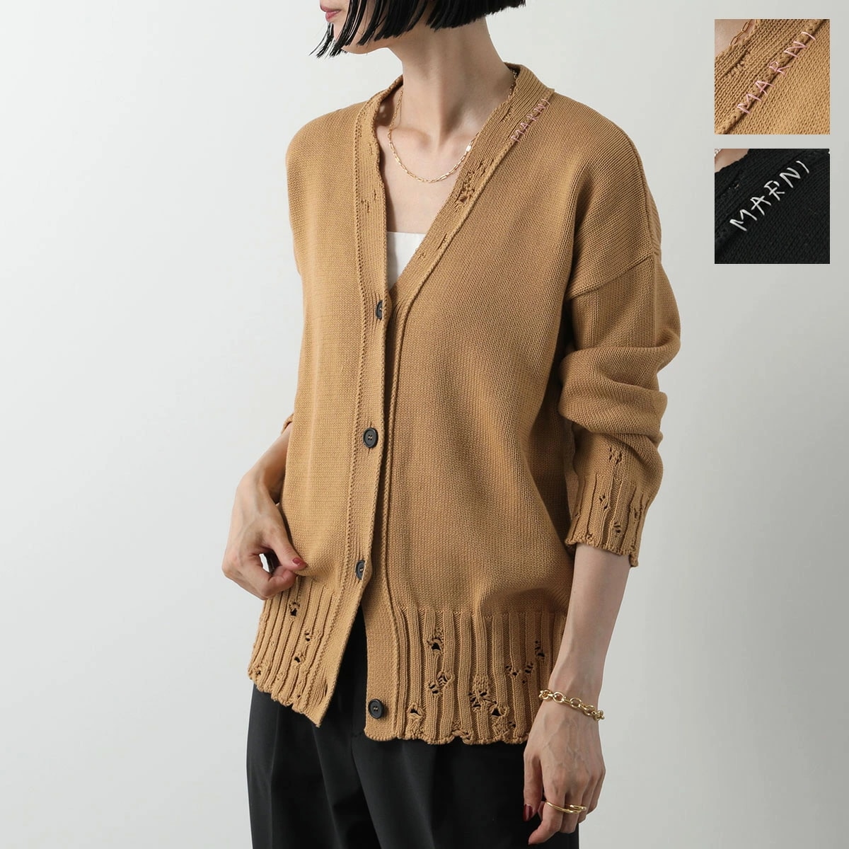 MARNI マルニ カーディガン CDMD0354A0 UFC652 レディース 長袖 コットン ニット Vネック ロゴ刺繍 ダメージ加工 カラー2色