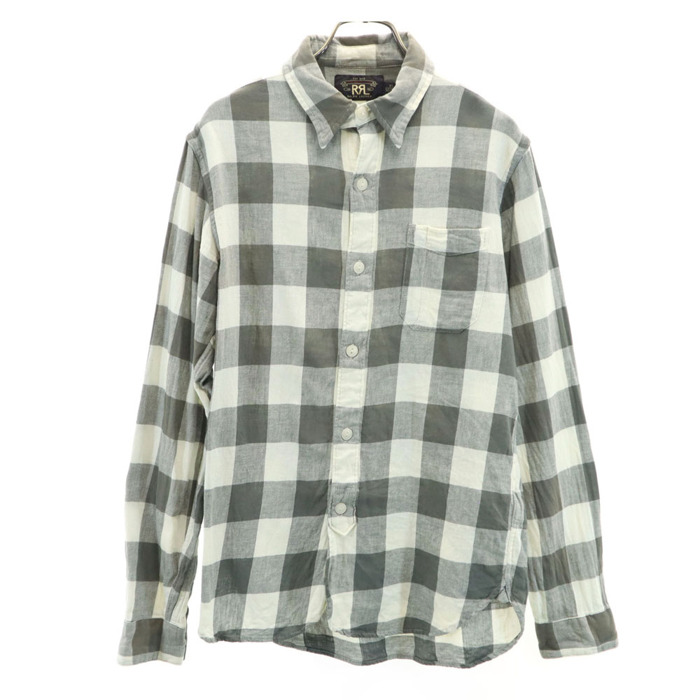 RRL ギンガムチェック柄 長袖 リネンブレンド シャツ XS カーキ×アイボリー ダブルアールエル RALPH LAUREN メンズ
