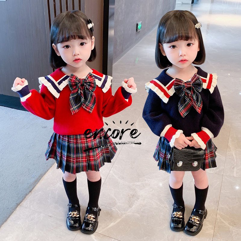 韓国子供服 ニットセット 高級品 長袖 【初売り】 女の子 上下 プリーツスカート 2点セッ セーター ニット チェック