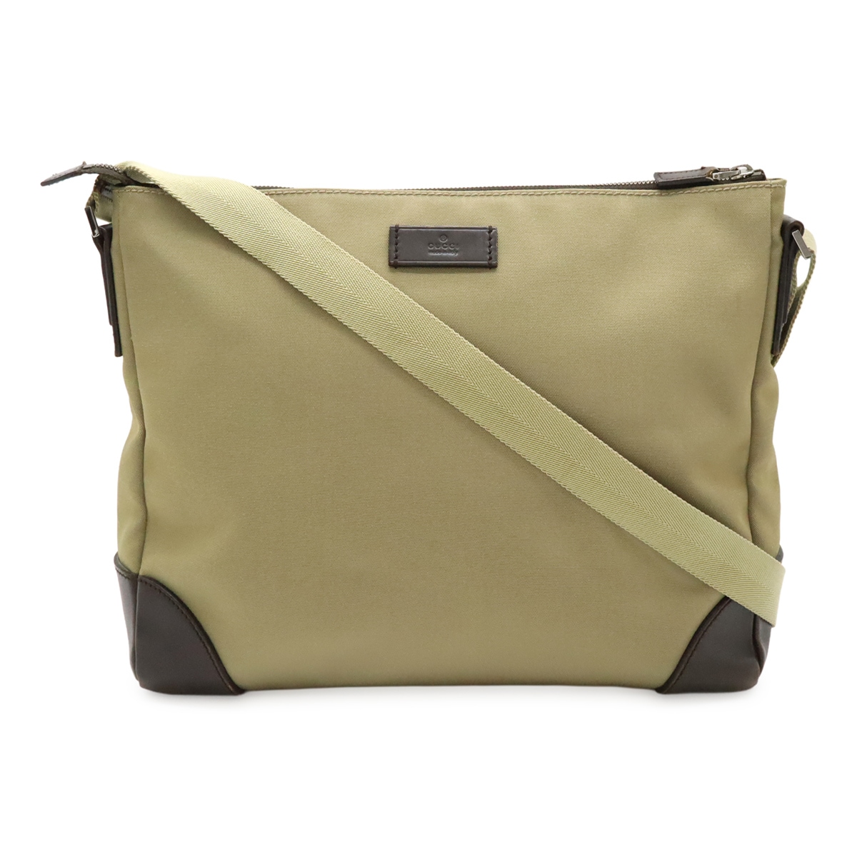 ショルダーバッグ メッセンジャーバッグ 斜め掛け ナイロンキャンバス レザー カーキベージュ ダークブラウン 茶 シルバー金具 11005