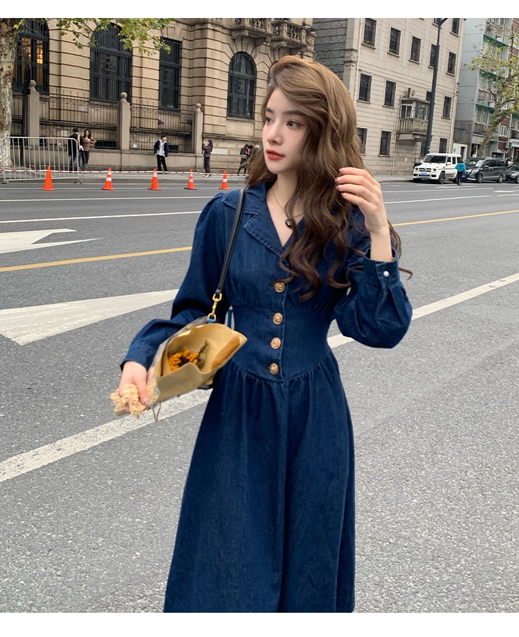 レディース ファッション スタイル スーツ ラペル デニム ドレス 女性 秋 冬 スリム ウエスト ミッドレングス ドレス SM L かわいい 大人可愛い きれいめ シンプル カジュアル 大人 上品