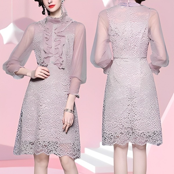ドレス ワンピース パーティードレス カラードレス パーティー ミニ 膝上 ミドル丈 長袖 ベルスリーブ ランタンスリーブ ラウンドネック スタンドカラー プリンセスライン Aライン レース 刺繍