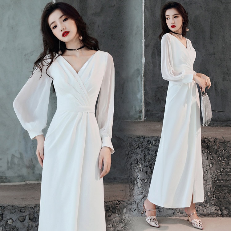 送料無料 二次会ドレス ウェディングドレス 白 サテン ロングドレス Vネック シンプル 結婚式ドレス 二次会ドレス ホワイト ワイン赤 海外挙式 撮影 イブニングドレス パフスリーブ ロング 長袖