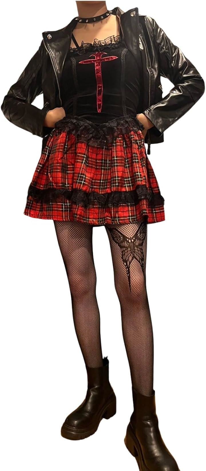 Y2K サブカル地雷 サブカル系 服 ストリート系 レディース 原宿系 地雷系 グランジ パンク コスプレセット(レッド, M)