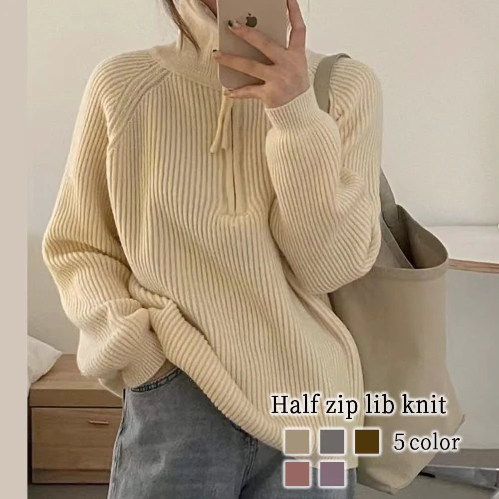 セーター レディース ハーフジップリブニット タートルネック ゆる ざっくり かわいい 厚手 ケーブル編み トレーナー 人気 白 黒 ブランド 柄 ハイネック ニットセーター 春 クルーネック おしゃ