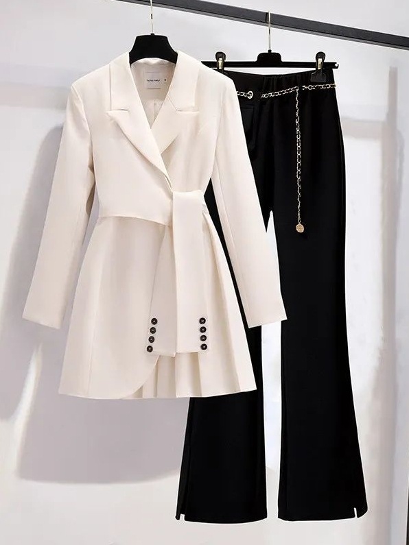 【輝いて超人気】 無地 ボタン ボウタイ ファッション スーツ + スリット カジュアルパンツ セット 5,194円