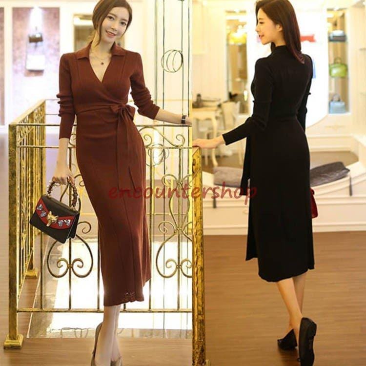 ニットワンピース ロング レディース 秋 冬 タイトニットワンピース 長袖 ニットセーター ワンピース Vネック ロングニットワンピ 通勤 大人 OL 着痩せ 新品