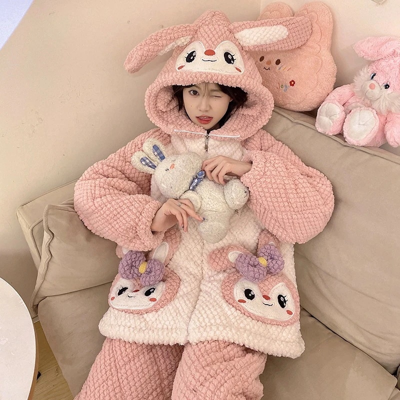 通学 三重綿パジャマ女性秋冬加絨毯厚手連帽ファスナーサンゴ絨毯冬かわいい部屋着セット 保育園 小学部