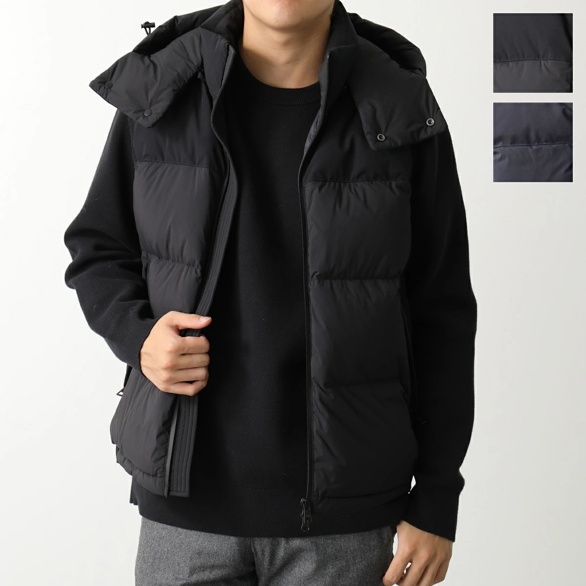 DUNO デュノ ダウンベスト ORBIT オルビット CAP/LICOSA メンズ ハイネックフード付き ジップアップ ジレ ストレッチナイロン 撥水 立体ロゴ カラー2色