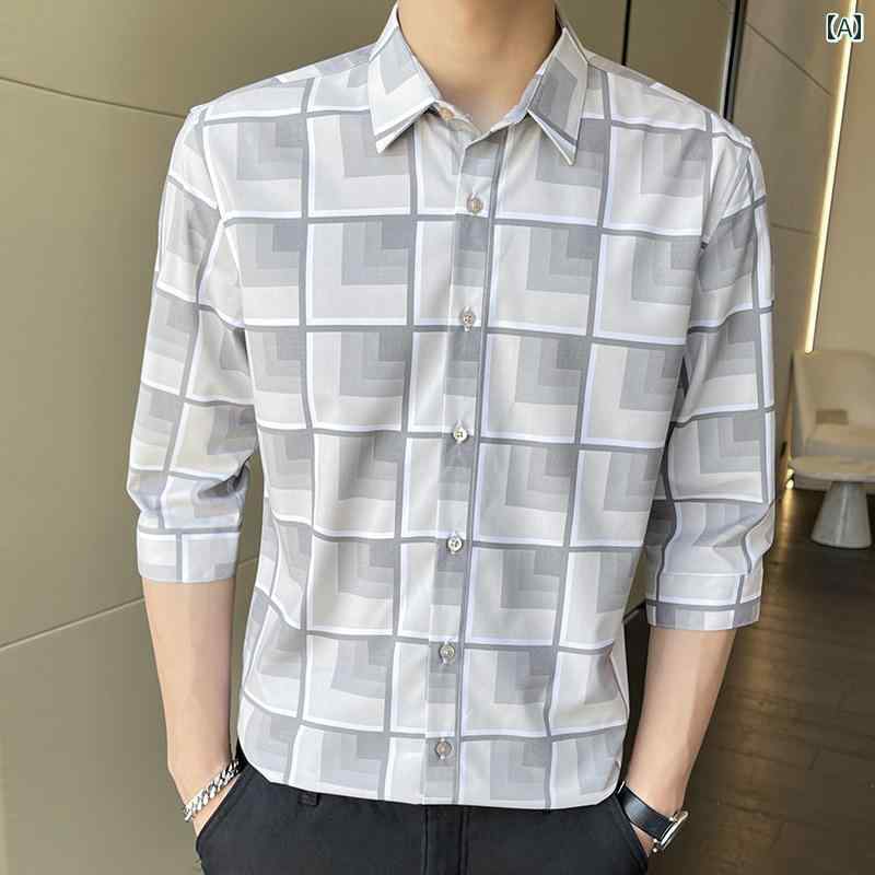 シャツ トップス メンズ カジュアル スタイリッシュ 夏 ミッドスリーブ 快適 チェック柄 スリム デザイン 七分袖 デイリー 大きめサイズ