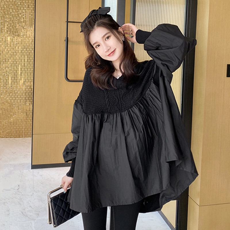 【送料無料】マタニティ トップス シャツ ブラウス 切替えニット パフスリーブ ギャザー