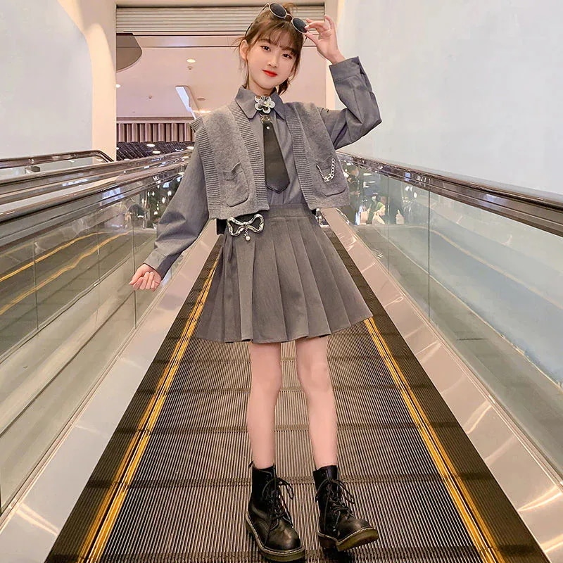 を1枚プレゼント子供服韓国子供服ベビー服 女の子子供服 女の子子供服jk制服三点セット 韓国ファッション女の子JKスーツ腰巻＋シャツ＋プリーツスカート3点セット小中高子供JK制服スーツ
