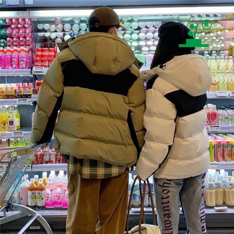 短いダウンジャケット男女2022年の新型帽子と色を合わせた韓国版のゆるい厚手カップルの白鴨絨毛冬コート