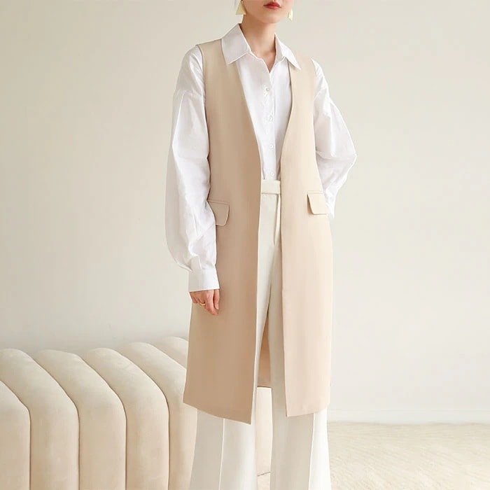 【急速出荷!】ロング ジレ ベスト ロング丈 ベージュ レディース ロングベスト 夏 薄手 ベージュ カジュアルコート ロング丈 ノーカラー アウター 2XL 3XL 4XL 大きいサイズ ベージュ