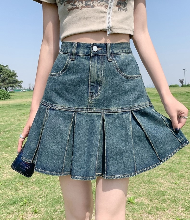 スカート ミニスカート デニムスカート レディース プリーツスカート ミニ ショート丈 Aライン ポケット ハイウエスト デニム 大人可愛い カジュアル おしゃれ レトロ こなれ感 ラブリー とろみ感