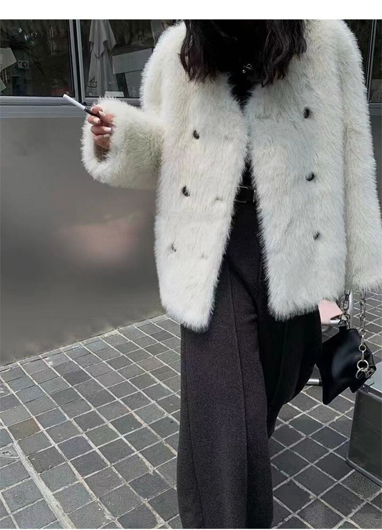 ジャケット コート フェイクファー ダブルブレスト ノーカラー Vネック シンプル ショート ふわふわ カジュアル TKOR0048