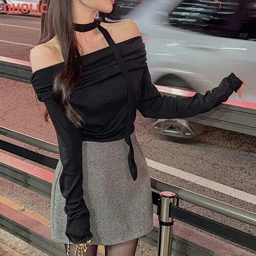 ストラップ付ソフトシャーリングオフショルTシャツ