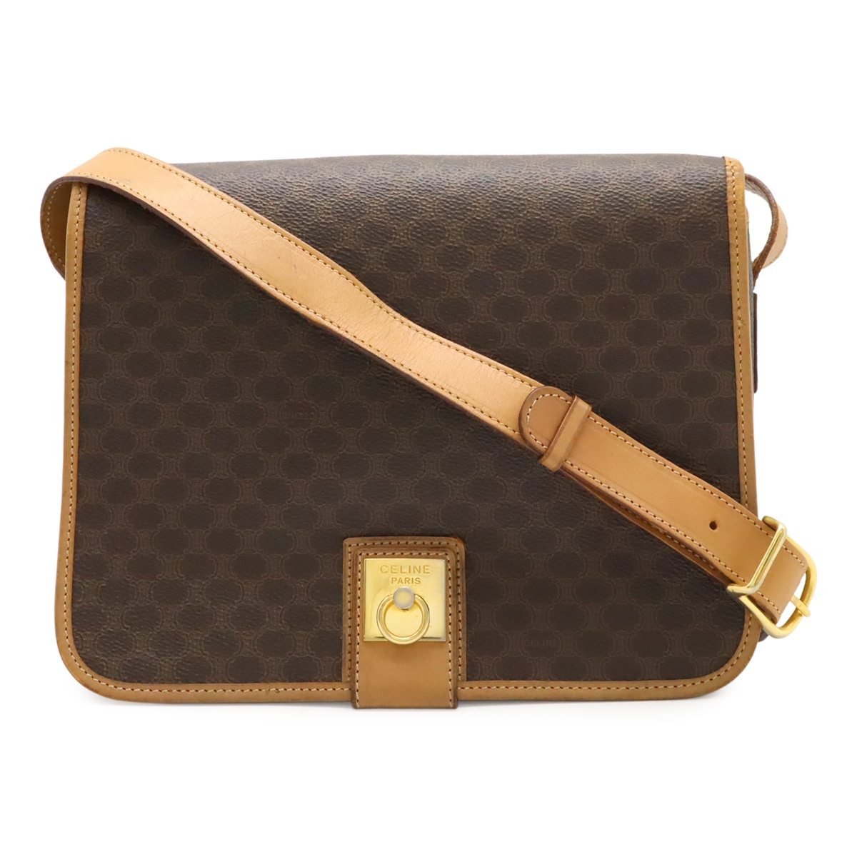 マカダム柄 ショルダーバッグ 斜め掛け ポシェット フラップ PVC レザー ダークブラウン ベージュ ゴールド金