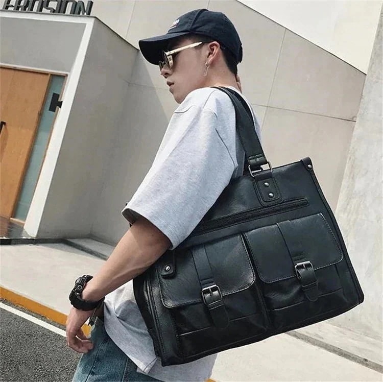 韓国ファッションおしゃれなトレンド大容量カジュアルPUレザートートバッグメンズ971 【10点セット】大人気