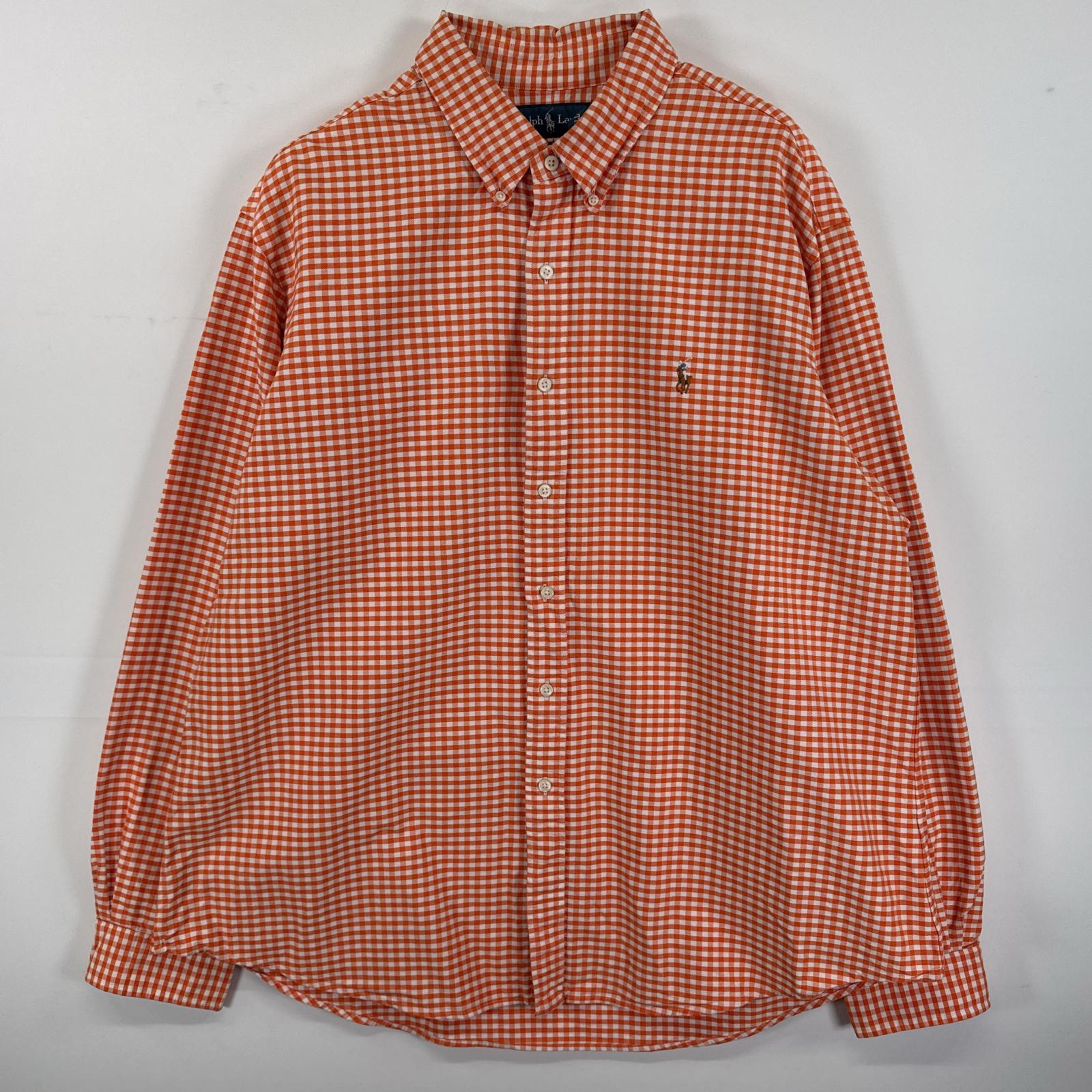 古着 長袖シャツ ギンガムチェック ボタンダウンシャツ ワンポイント 大きいサイズ XXL オレンジ チェック メンズ