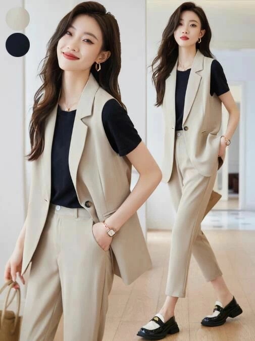 通勤 可愛い ビジネススーツ 杏色 アップ ベストスーツ 新品登場カジュアルスーツ 袖なし リクルートスーツ セレモニースーツ フォーマル レディース OL ママスーツ 上品 夏用 ブラック パンツス