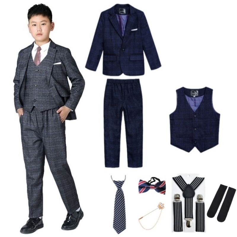 8点セット キッズスーツ 男の子 フォーマルスーツ ジャケット パンツ ベスト ネクタイ サスペンダー 発表会 結婚式 七五三 卒園式 入学式 卒業式 ピアノ発表会 子供服 b体 太め 太め体型