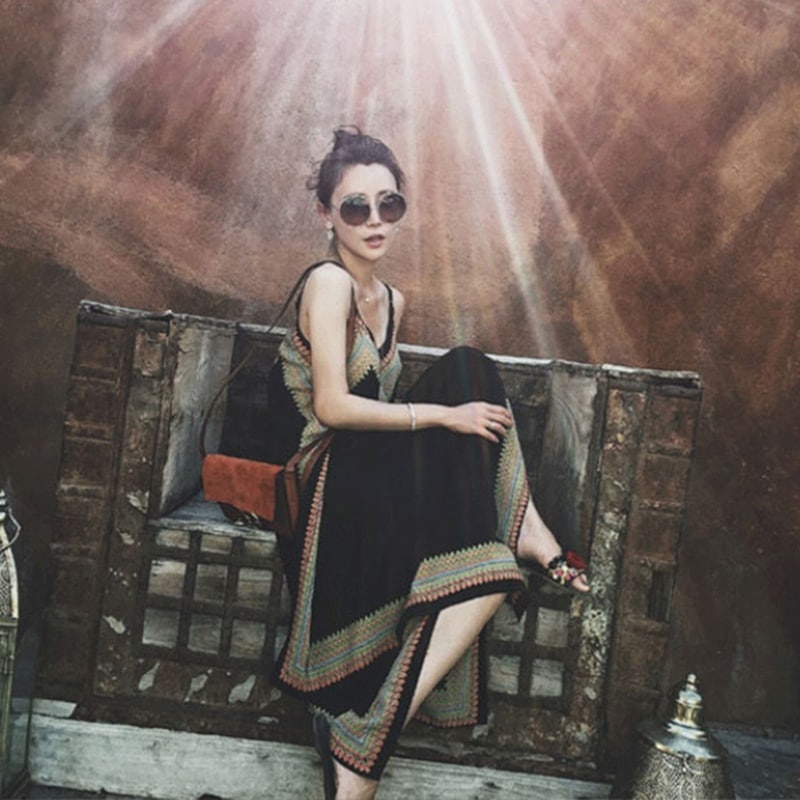 エスニック柄 ブラック ストラップ ロングワンピース フレアスカート ワンピース ロングマキシ丈 マキシム Kirkintillochplayers Co Uk