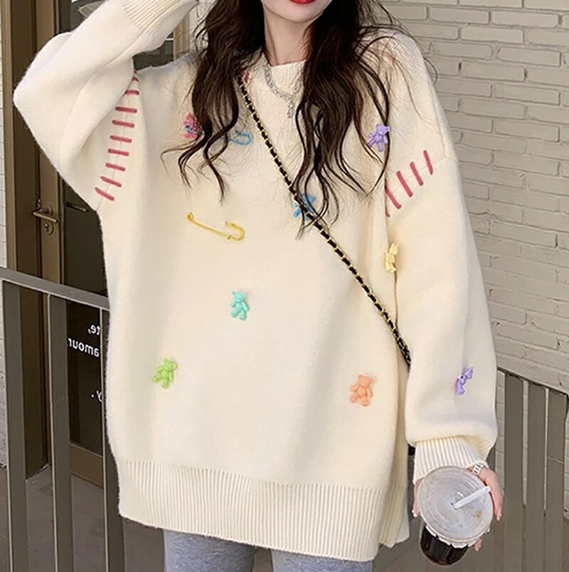 ニットセーター レディース クルーネック 長袖セーター トップス 秋冬 春 可愛い カジュアル 大人 体型カバー プルオーバー 首元 韓国風 黒 白 オシャレ 着回し ファッション ブラック ホワイト