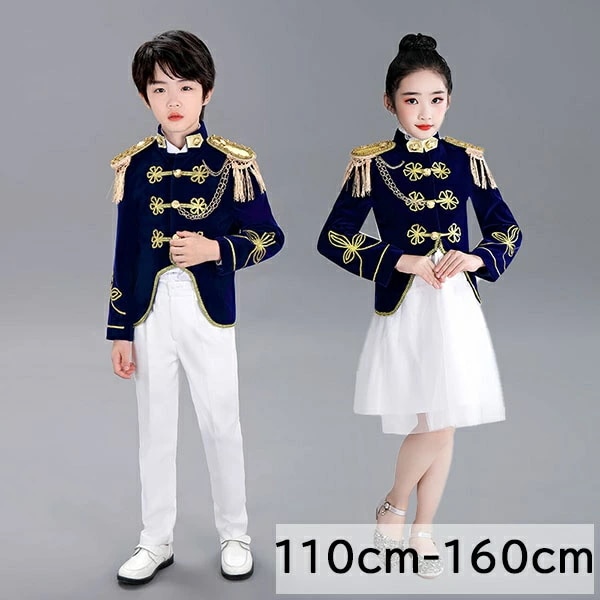 新品入荷 ステージ衣装 キッズ ジャケット スカート 衣装 軍服 ネイビー 白 演出服 華麗な王族服 子供用 キッズ 王子様 ヨーロッパ風 コスプレ衣装 ステージ 舞台 バンド ハロウィン ゴシック