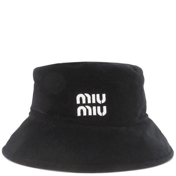 ミュウミュウ MIU MIU ハット ベロア バケットハット コットン ブラック M 黒 白ロゴ 5HC196 068【中古】
