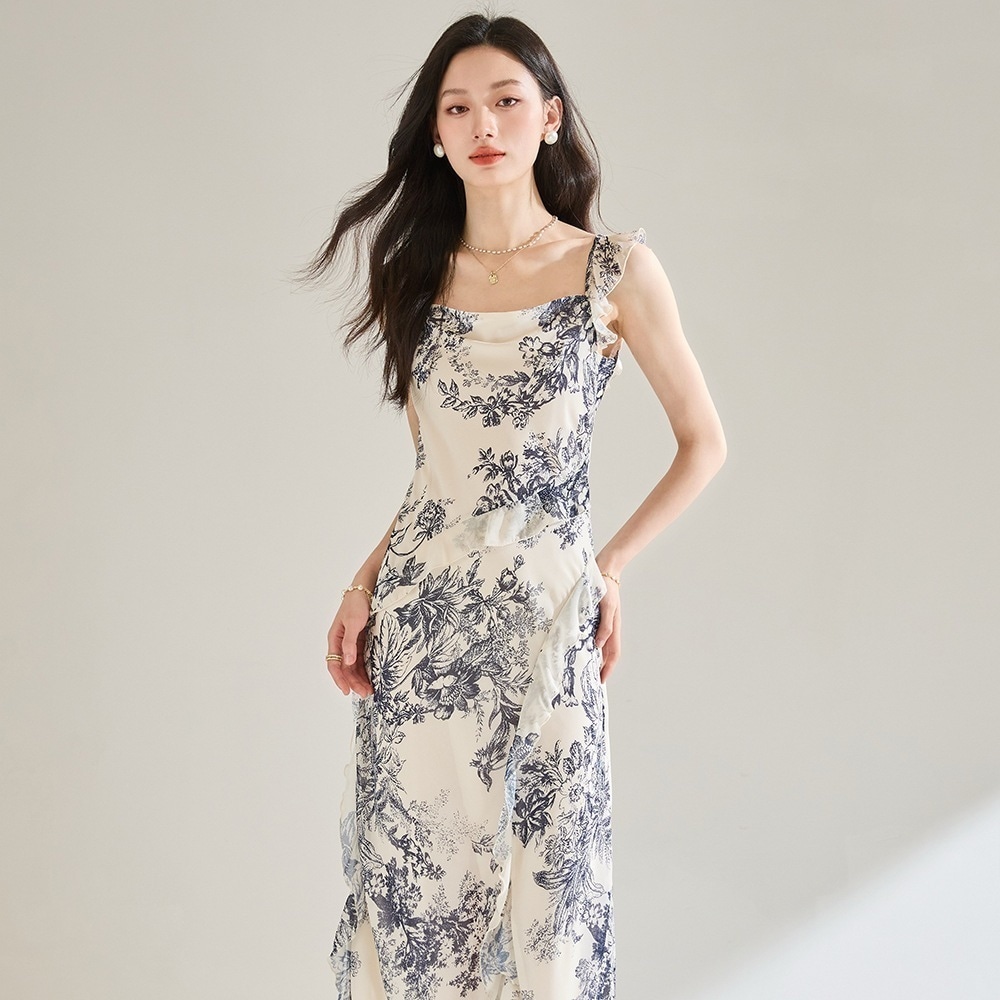 【送.料.無.料.急速発送】水墨画のハスの縁の方の襟の露背の小花のサスペンダーは腰を収めてフォークを開きますワンピース