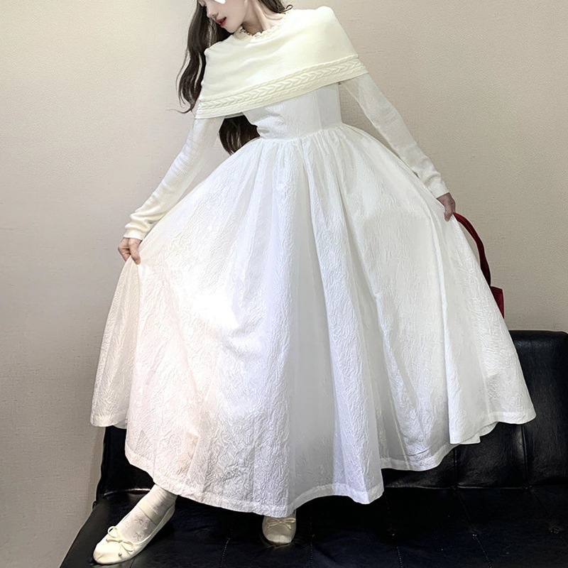 フレンチスタイルの高級な装飾デザインレディース秋冬ニットショール長袖ワンピースツーピースセット