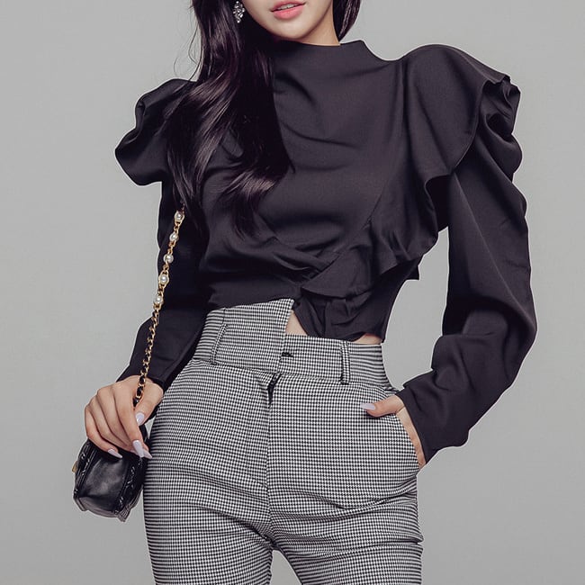 セットアップ ツーピース ２点セット 上下セット トップス シャツ ブラウス 長袖 ハイネック フリル ボトムス パンツ ロング丈 ９分丈 フレア ベルボトム スリット 無地 チェック 格子柄 lsu