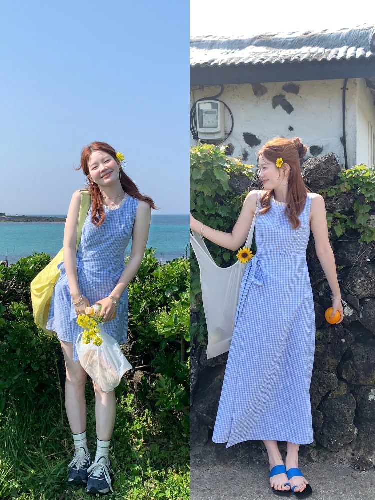 韓国版 シック こうし チョッキ着 ワンピース 女 小さな丸首 袖なし 夏 リゾートスカート