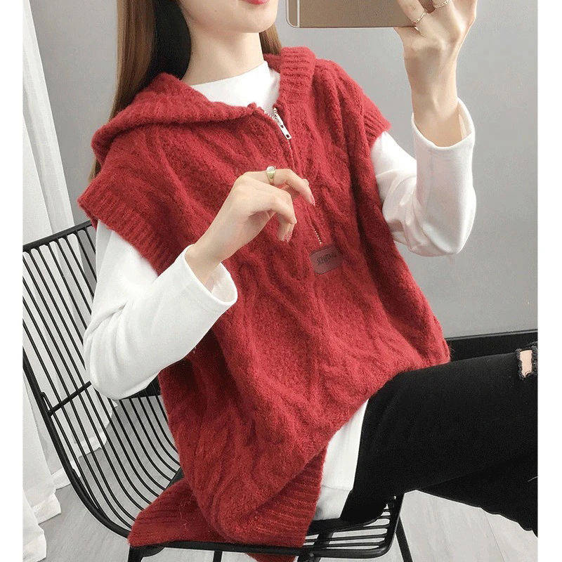 レディース 無地 レイヤード ゆったり プルオーバー 重ね着 お洒落 シンプル カジュアル ニットベスト ノースリーブ 超人気 フード付きベスト 秋冬 トップス フード付きニット フード付き ベスト