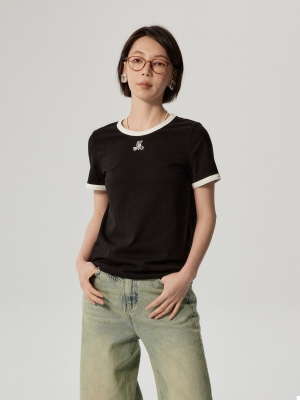 オモントエッグタルトホームコントラストカラーショルダーTシャツレディース春新作ラウンドネック刺繍デザインスリム半袖