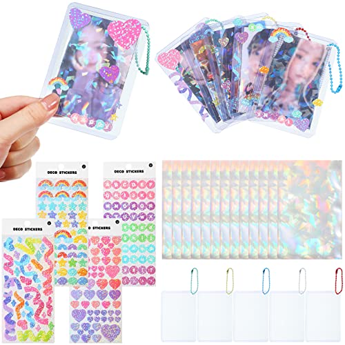 Holographic Card Sleeves Kpop Photocard Holder with Stickers Photocard Older Keychain Laser Flashing
