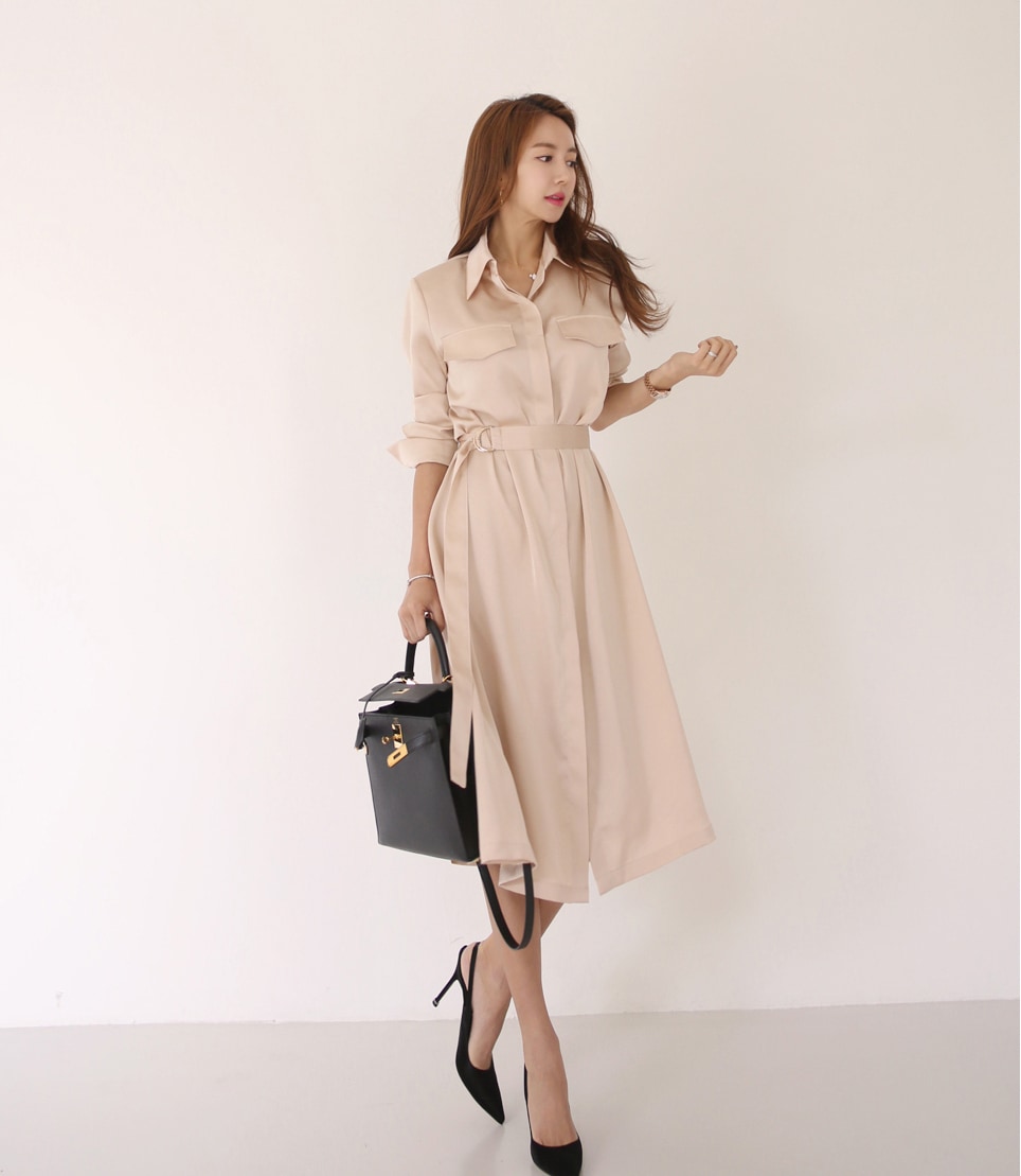 【送料無料】レディース シャツワンピース シンプル ひざ丈 ウエストベルト 大人可愛い