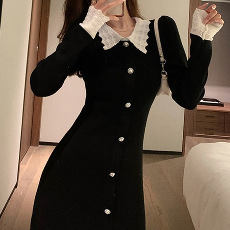 ワンピース レディース クラシカルワンピース ブラックドレス レース バイカラー ミディアムワンピ